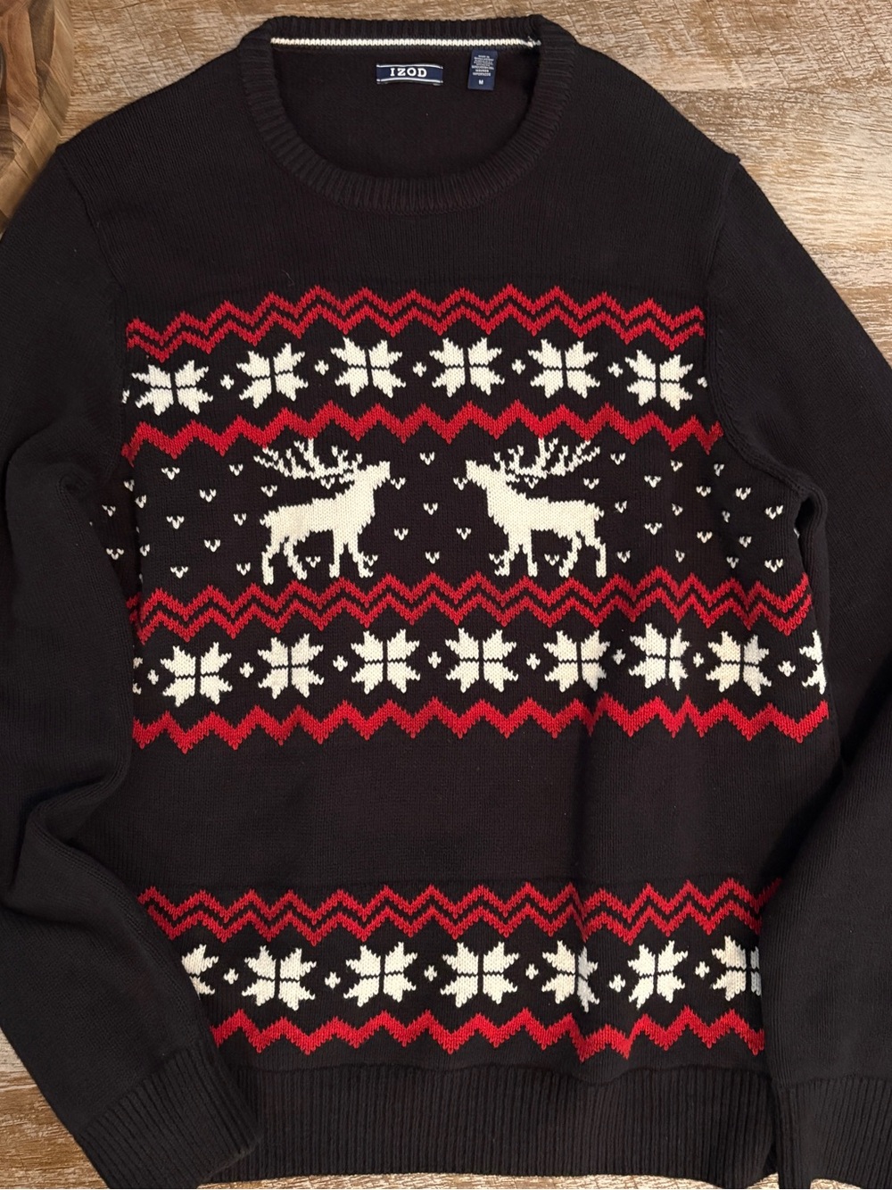 Izod Black Crewneck Sweater with Red & White Fair Isle Reindeer